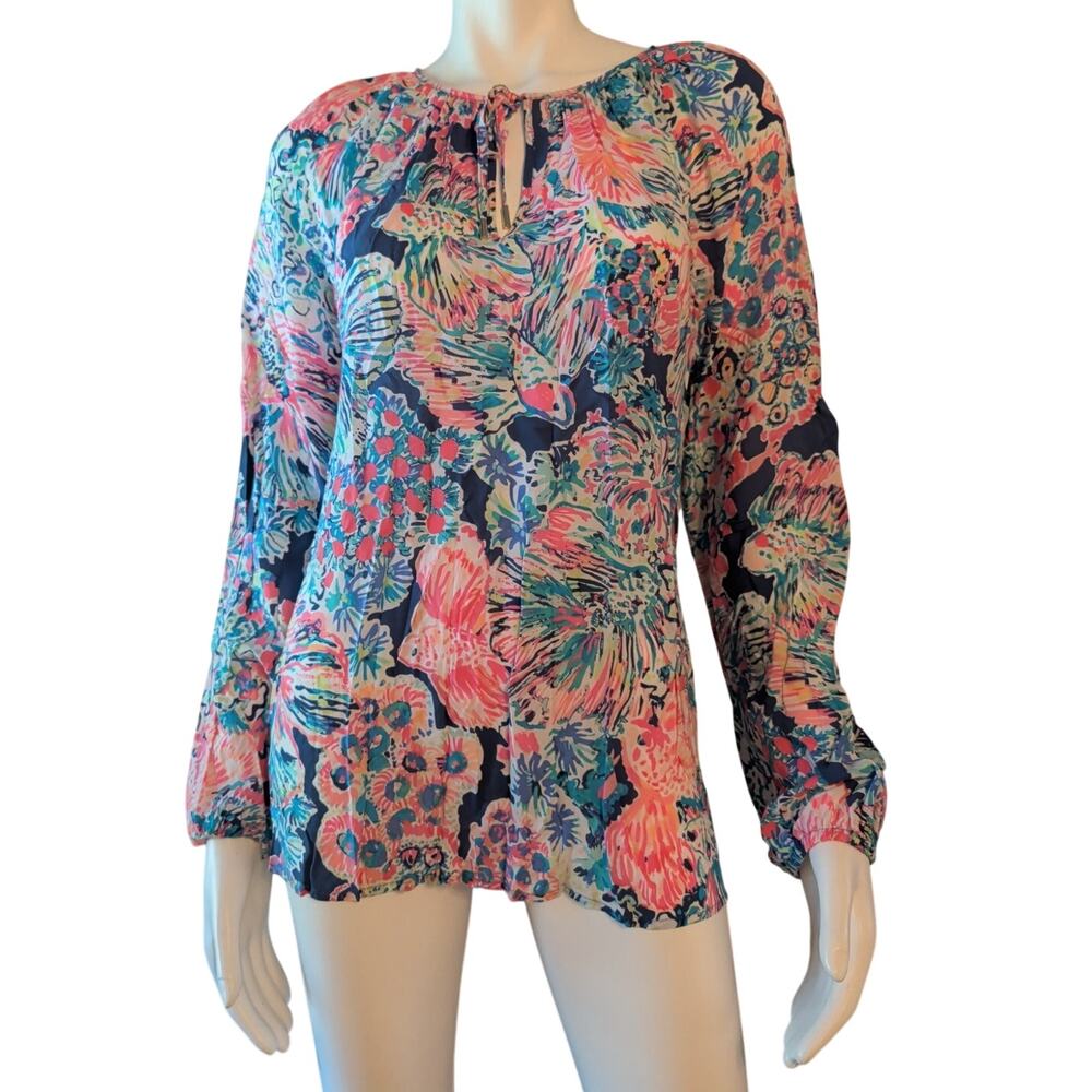 Lilly Pulitzer Willa Blouse Long Sleeve Tunic Lrg Pink Blue Green Island Seacret